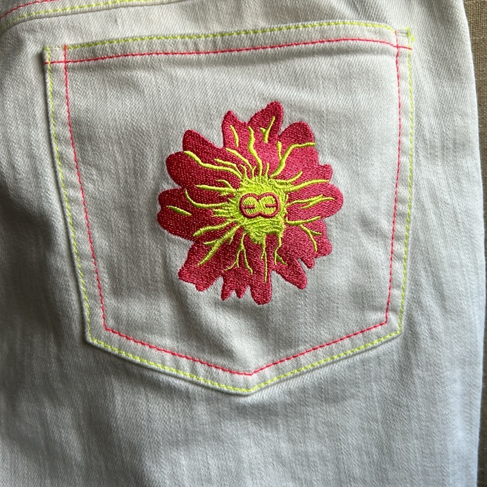 ESCADA gold label white bell denim. Neon embroidered detail. EUC - Picture 2 of 9